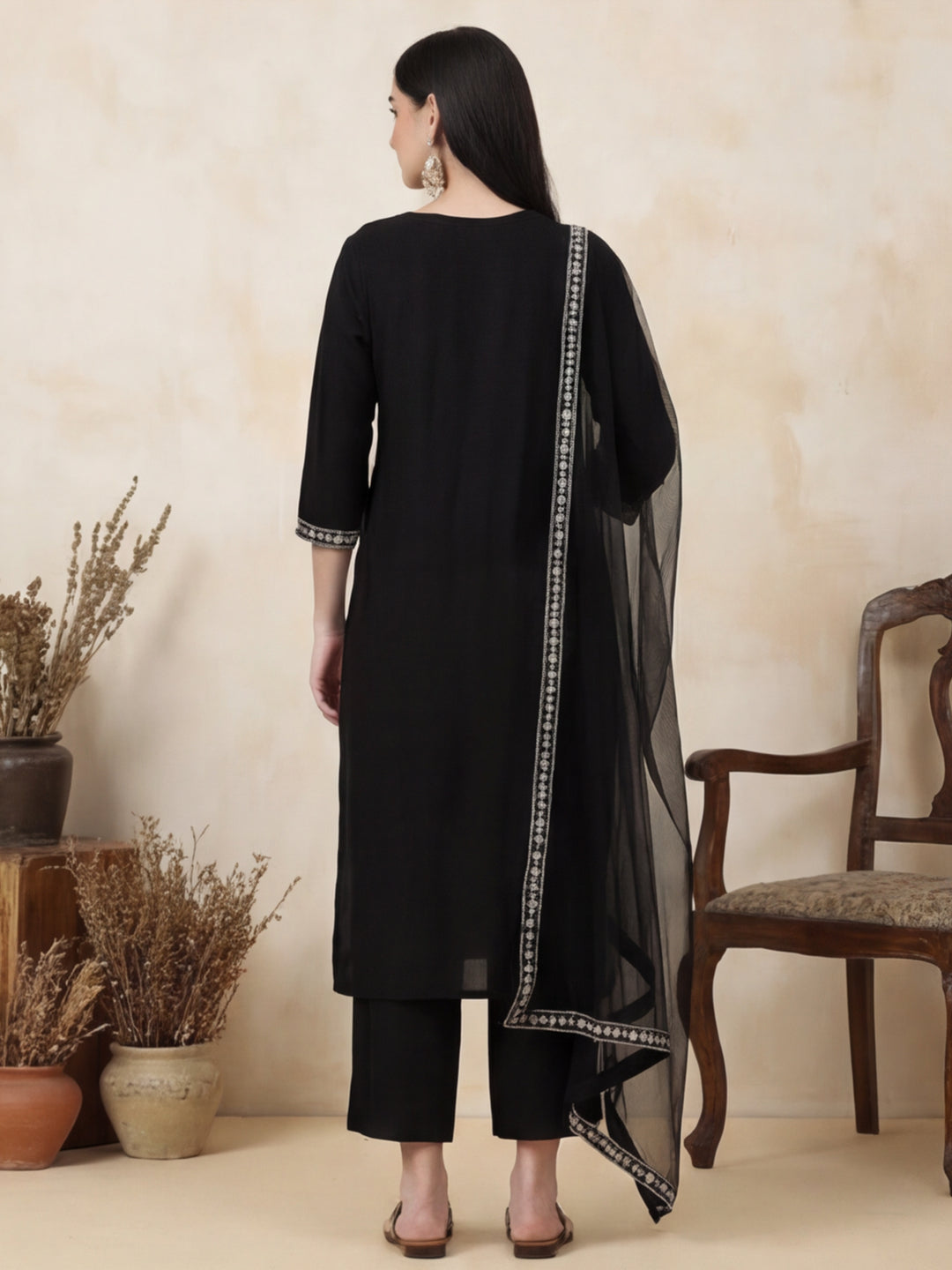 Solid Embroidered Straight Kurta & Trousers Sets