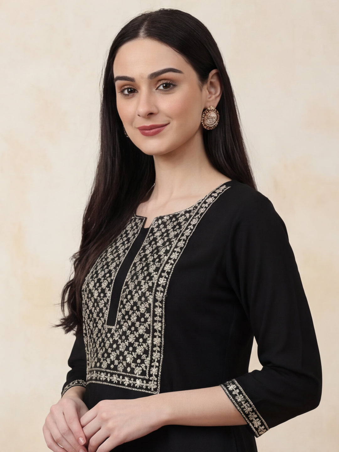 Solid Embroidered Straight Kurta & Trousers Sets