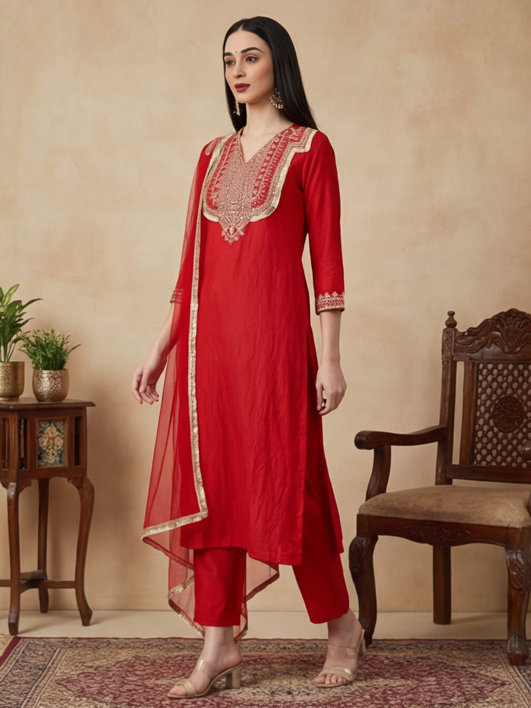 Solid Embroidered Straight Kurta & Trousers Sets