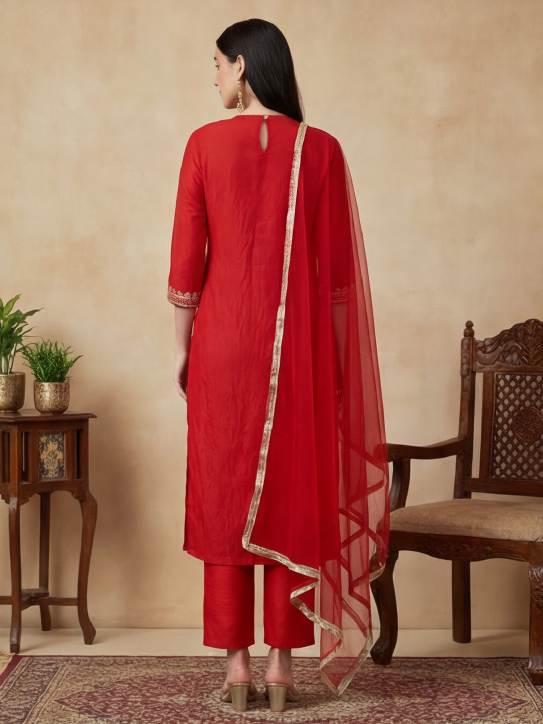 Solid Embroidered Straight Kurta & Trousers Sets