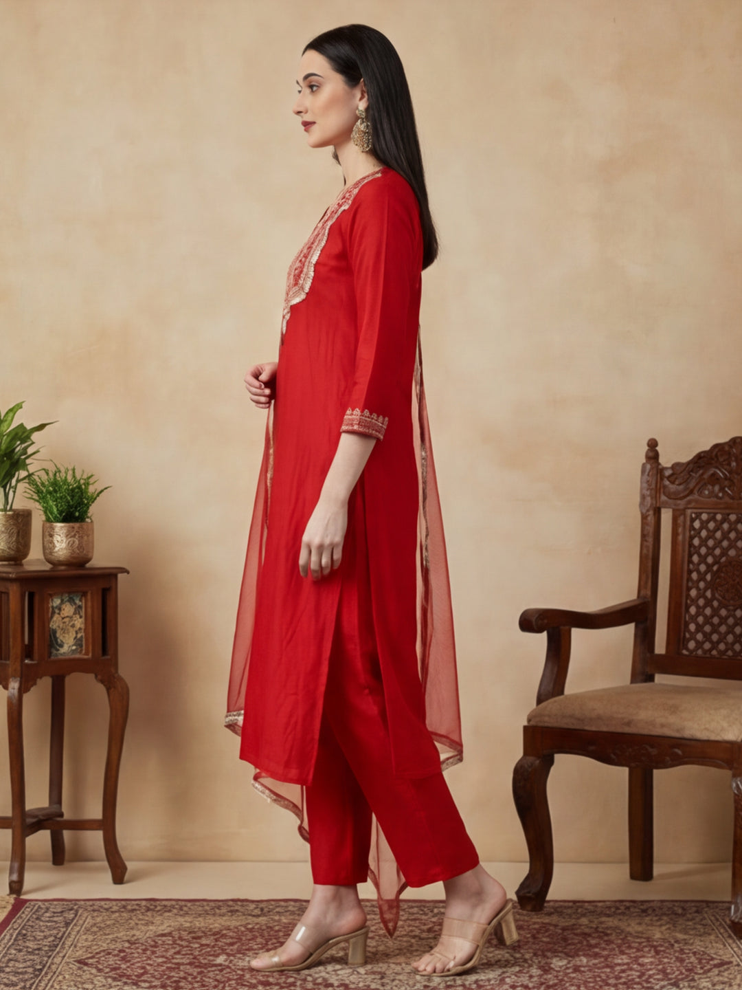 Solid Embroidered Straight Kurta & Trousers Sets