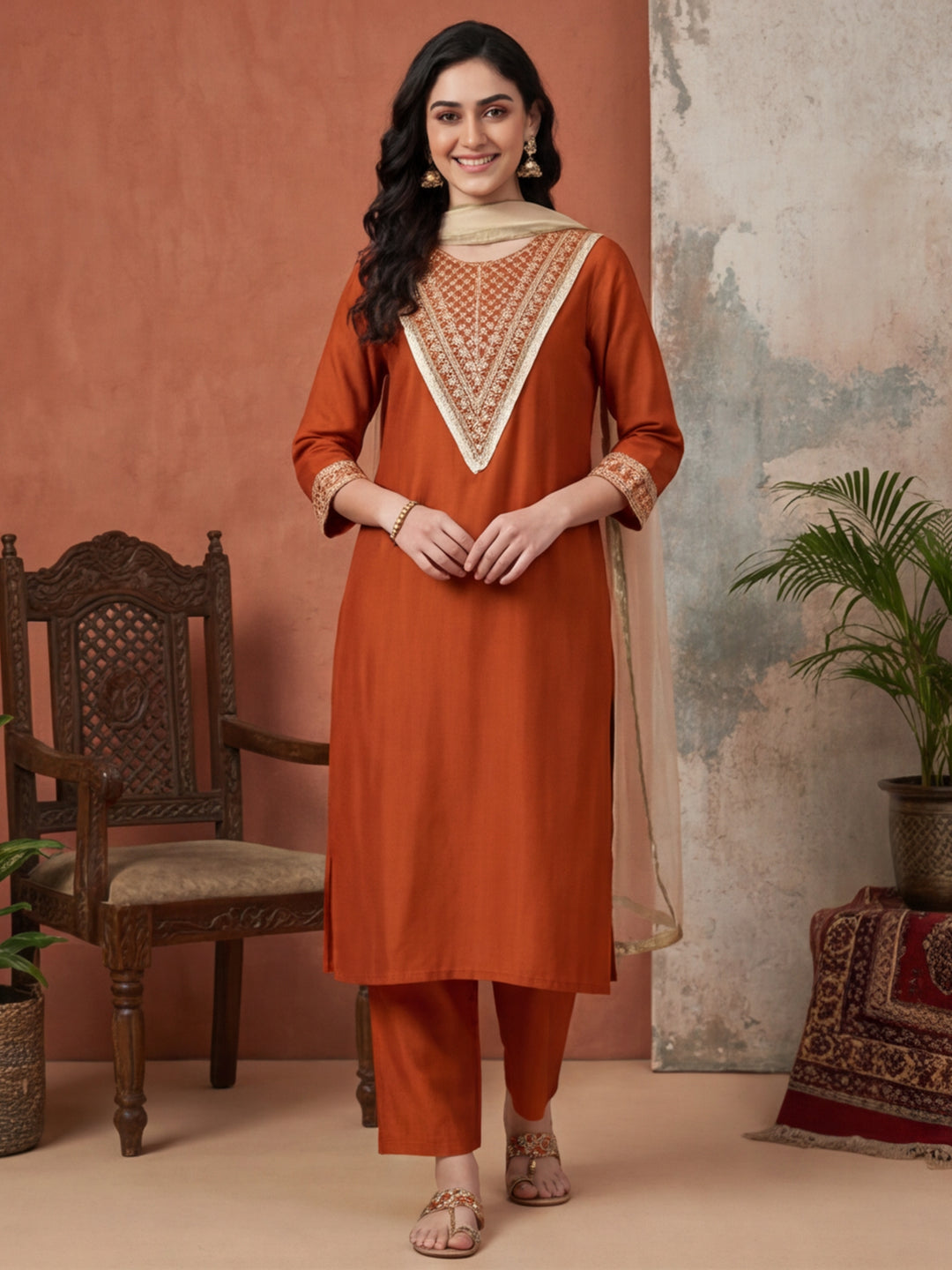 Solid Embroidered Straight Kurta & Trousers Sets