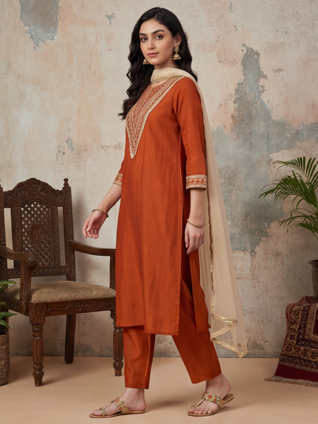 Solid Embroidered Straight Kurta & Trousers Sets