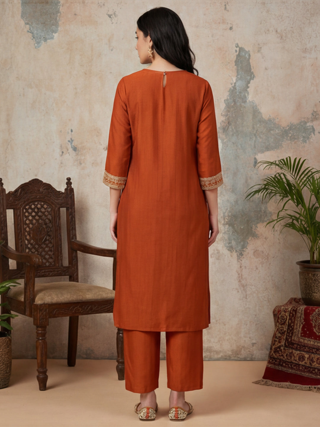 Solid Embroidered Straight Kurta & Trousers Sets
