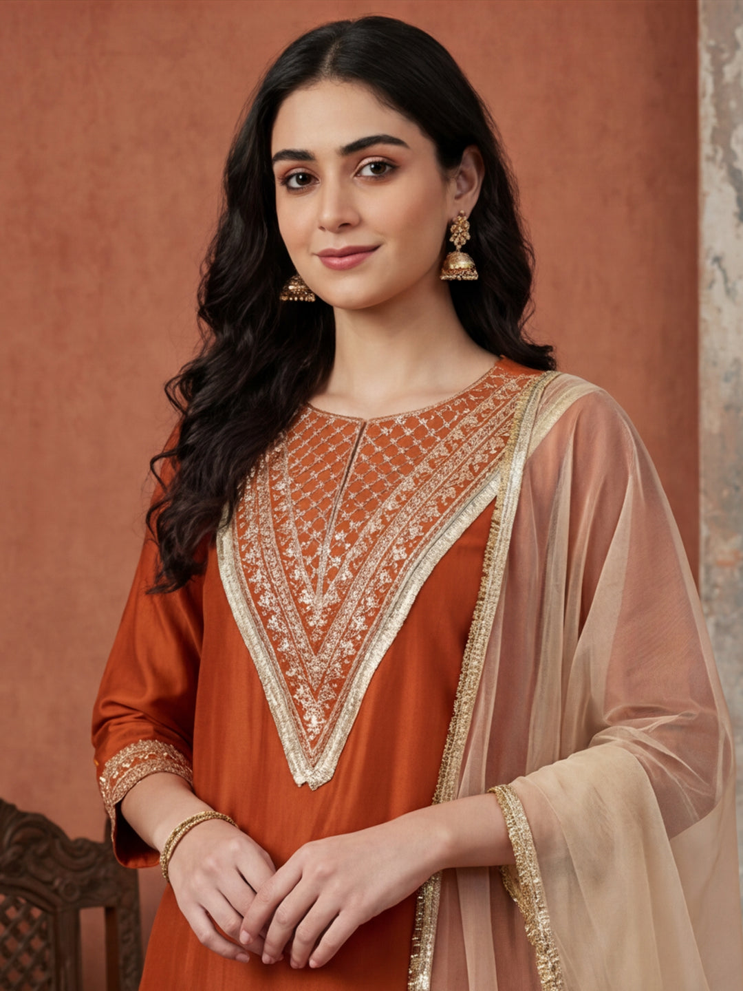 Solid Embroidered Straight Kurta & Trousers Sets