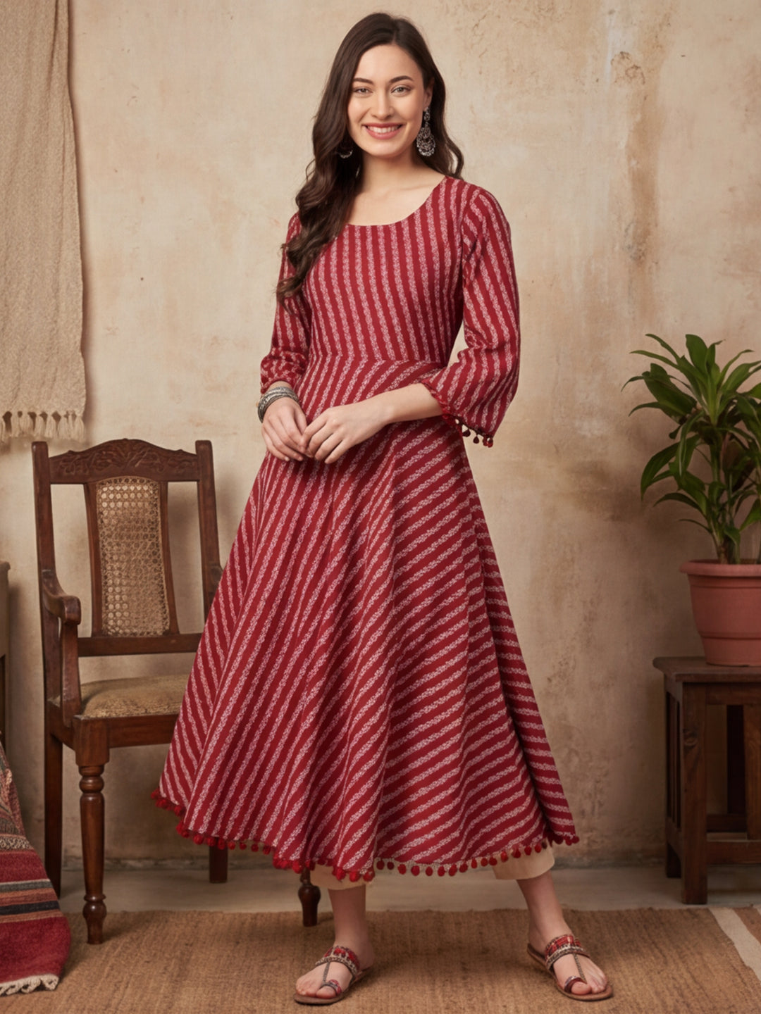 Maroon Geometric A-Line Cotton Kurta