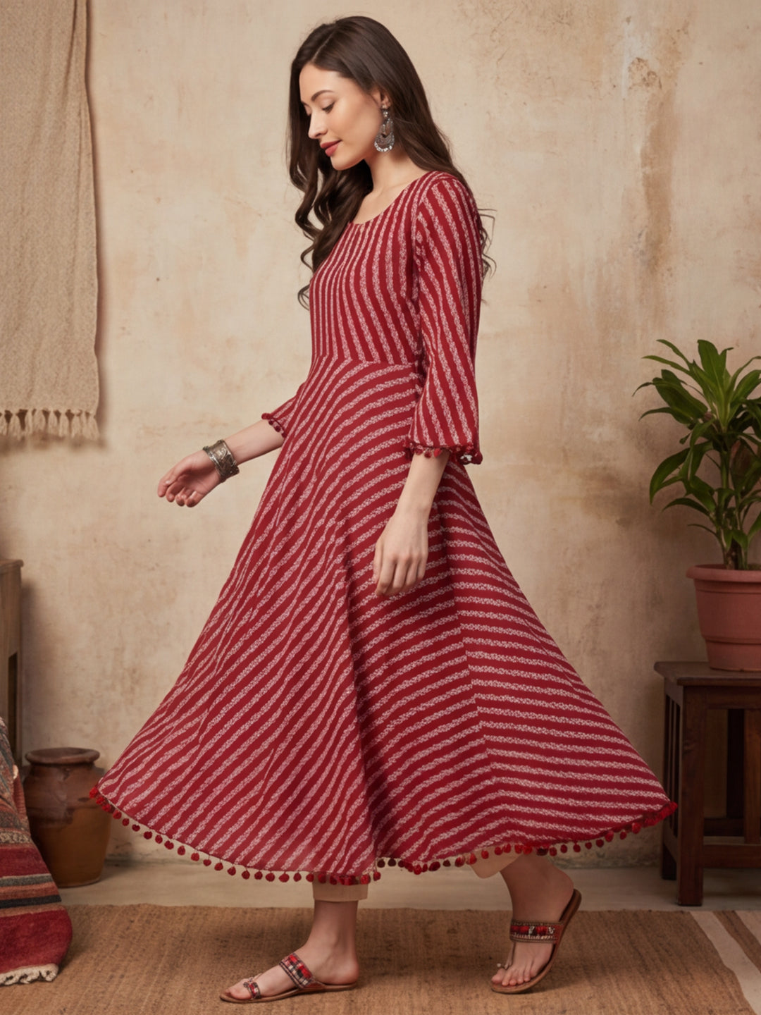 Maroon Geometric A-Line Cotton Kurta