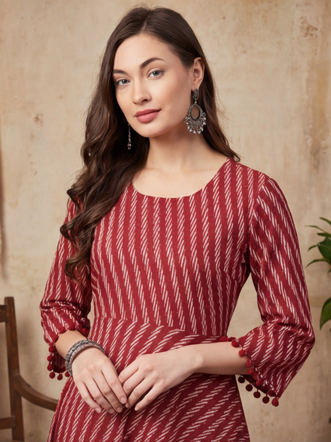 Maroon Geometric A-Line Cotton Kurta