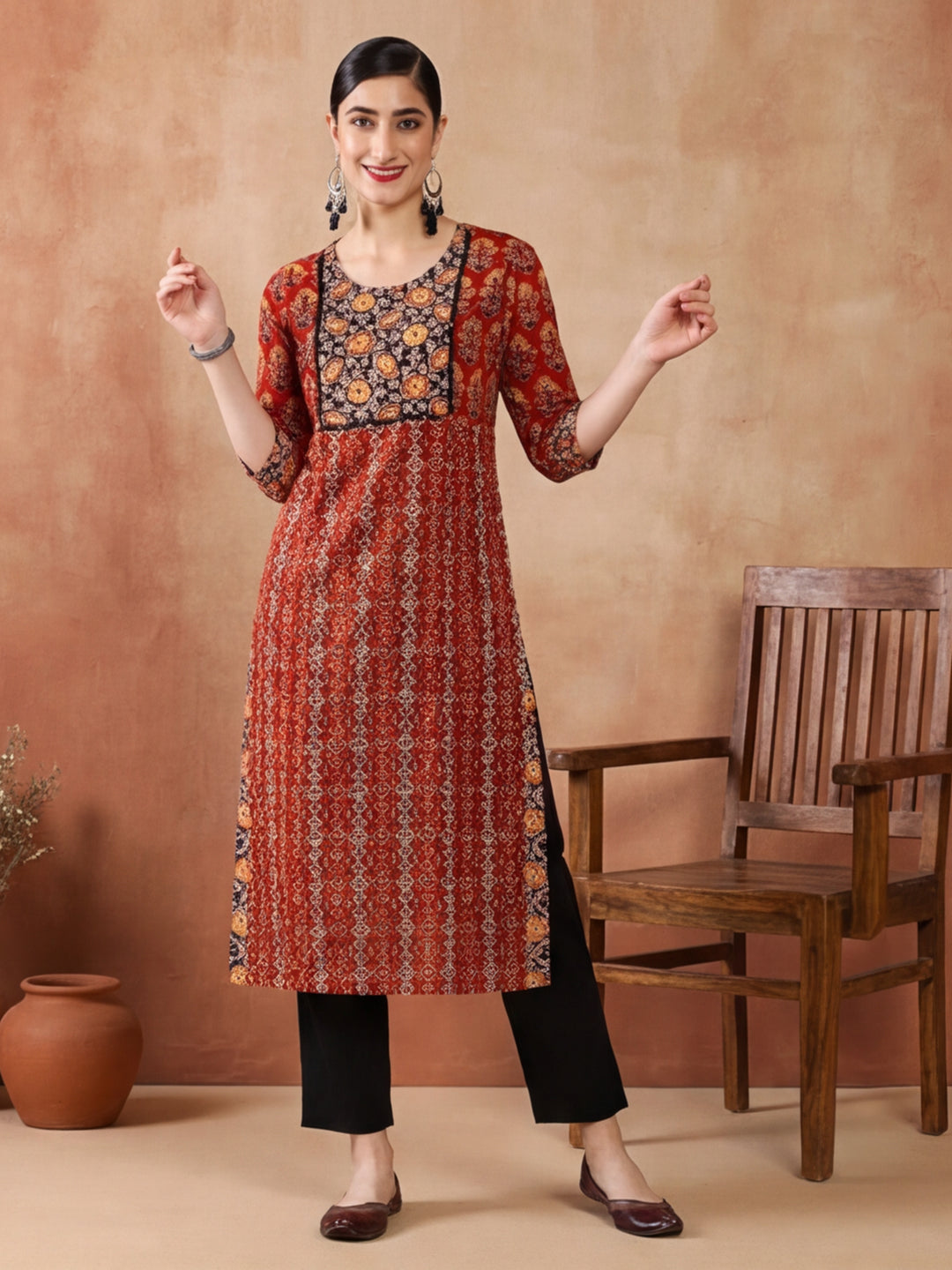 Women Maroon And Brown Printed Straight Kurta
