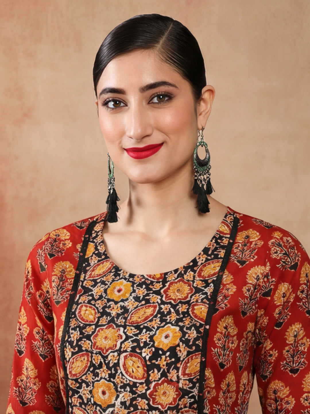 Women Maroon And Brown Printed Straight Kurta