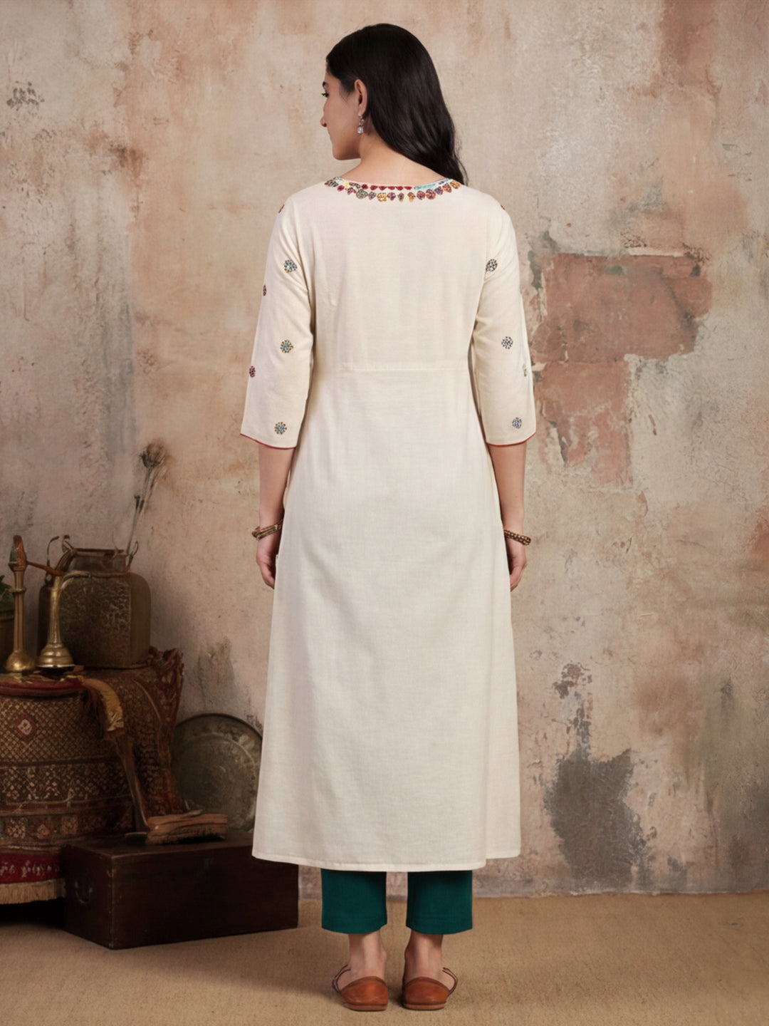 Off White Embroidered A Line Kurta