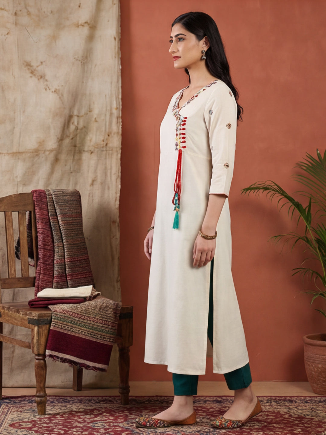 Off White Embroidered A Line Kurta