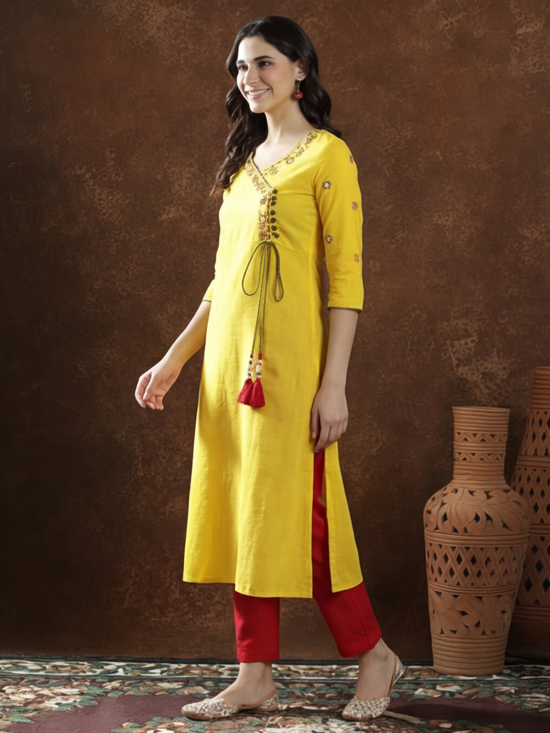 Floral Embroidered A-Line Pure Cotton Kurta