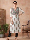 Women Off-White & Pink Printed Straight Kurta