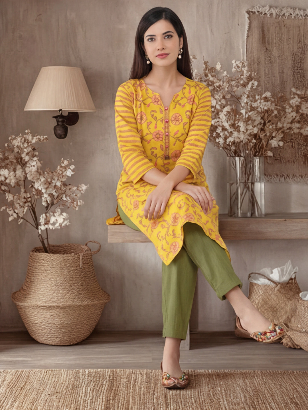 Women Yellow & Pink Printed Straight Kurta