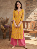 Women Yellow & Pink Floral Printed Straight Kurta