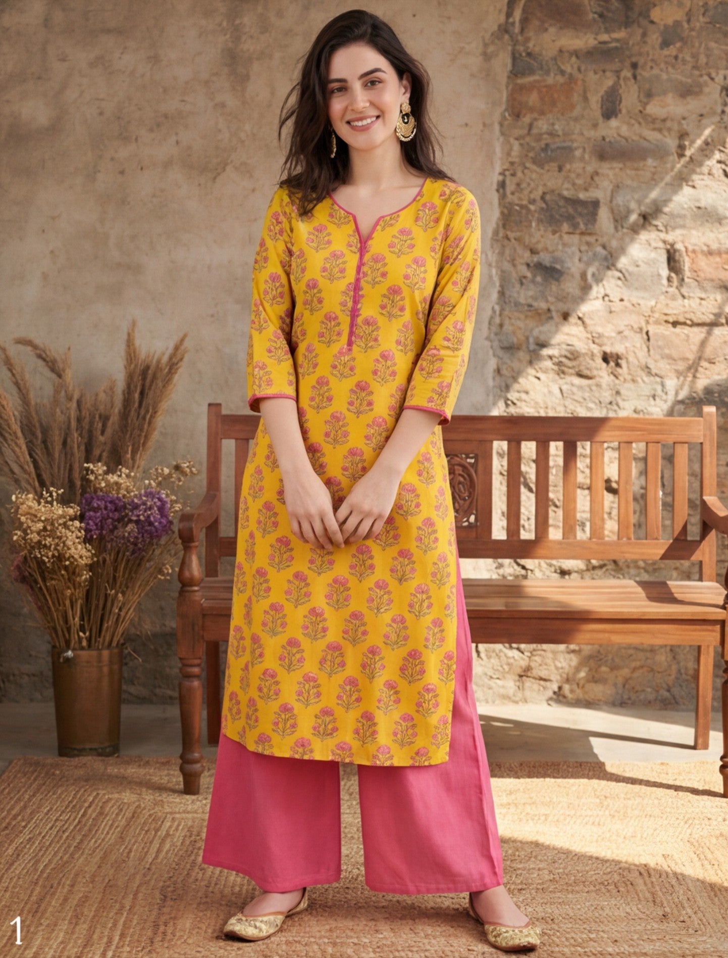 Women Yellow & Pink Floral Printed Straight Kurta