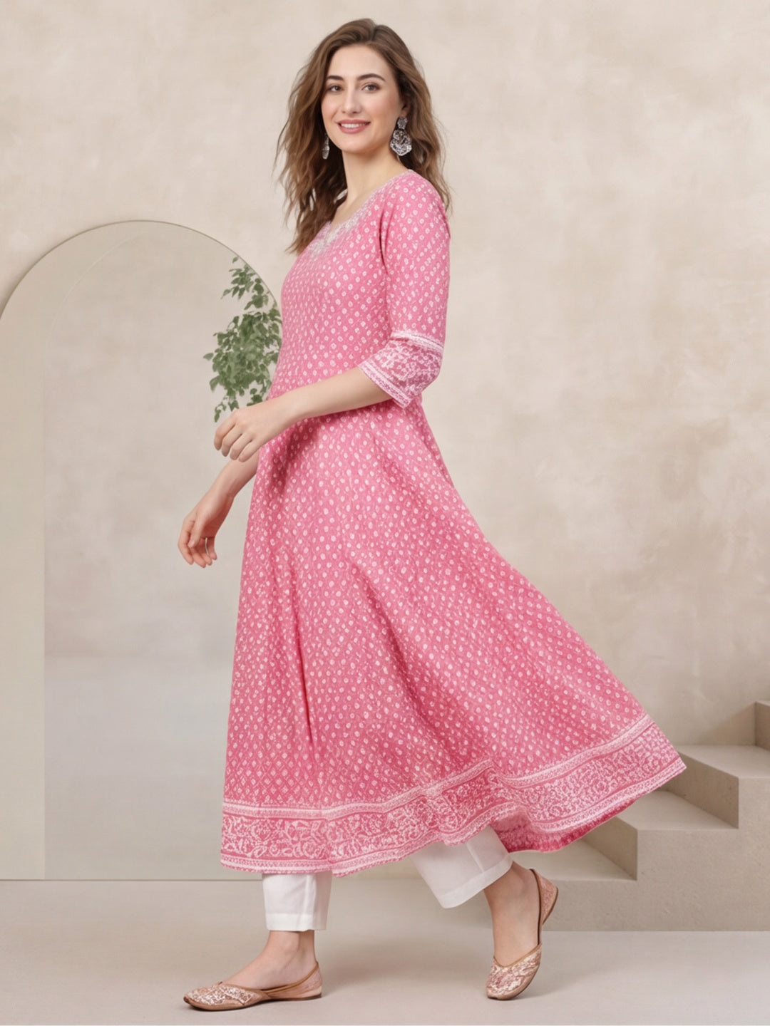 Women Pink Printed Anarkali with Embroidered Yoke