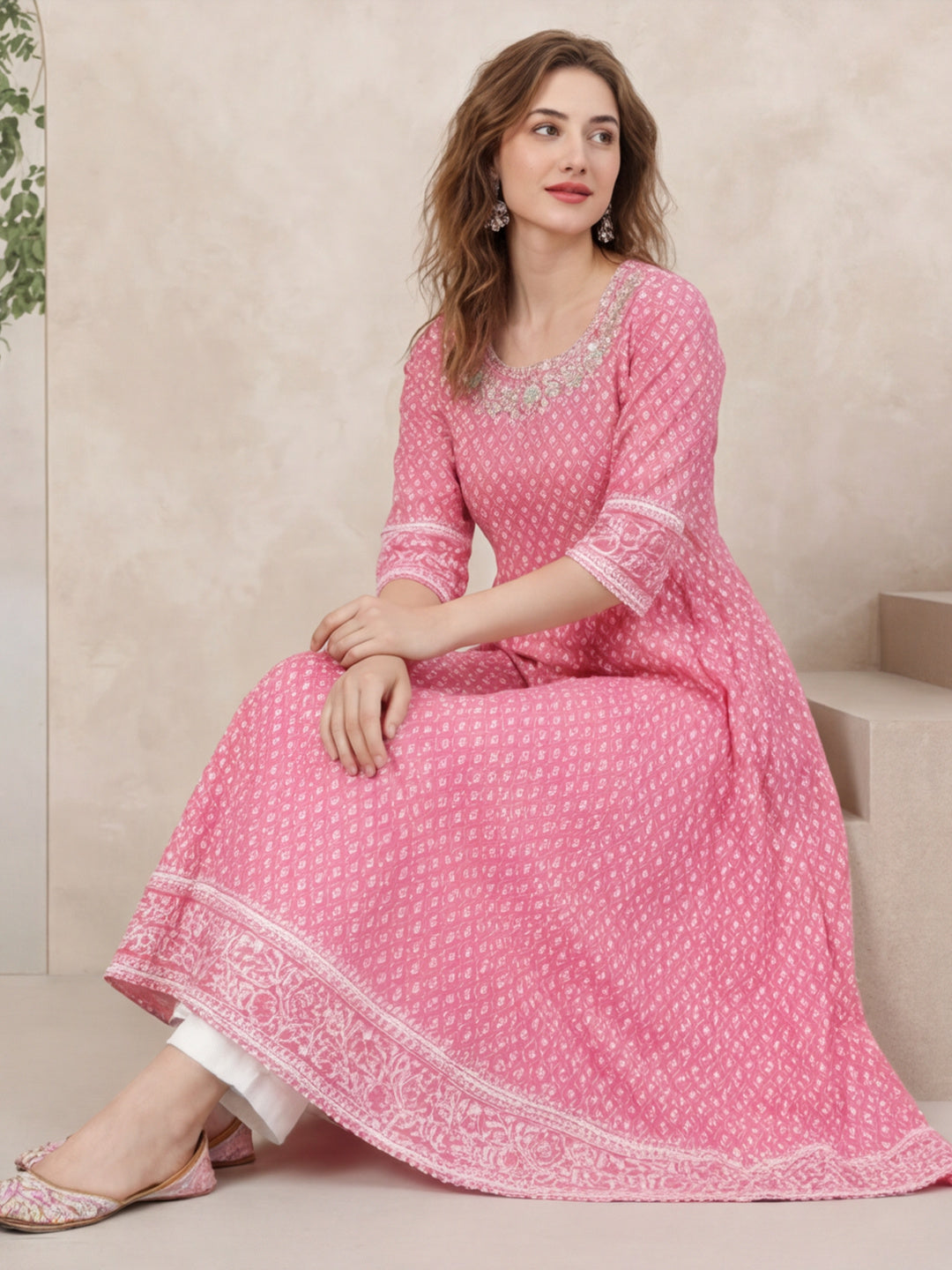 Women Pink Printed Anarkali with Embroidered Yoke