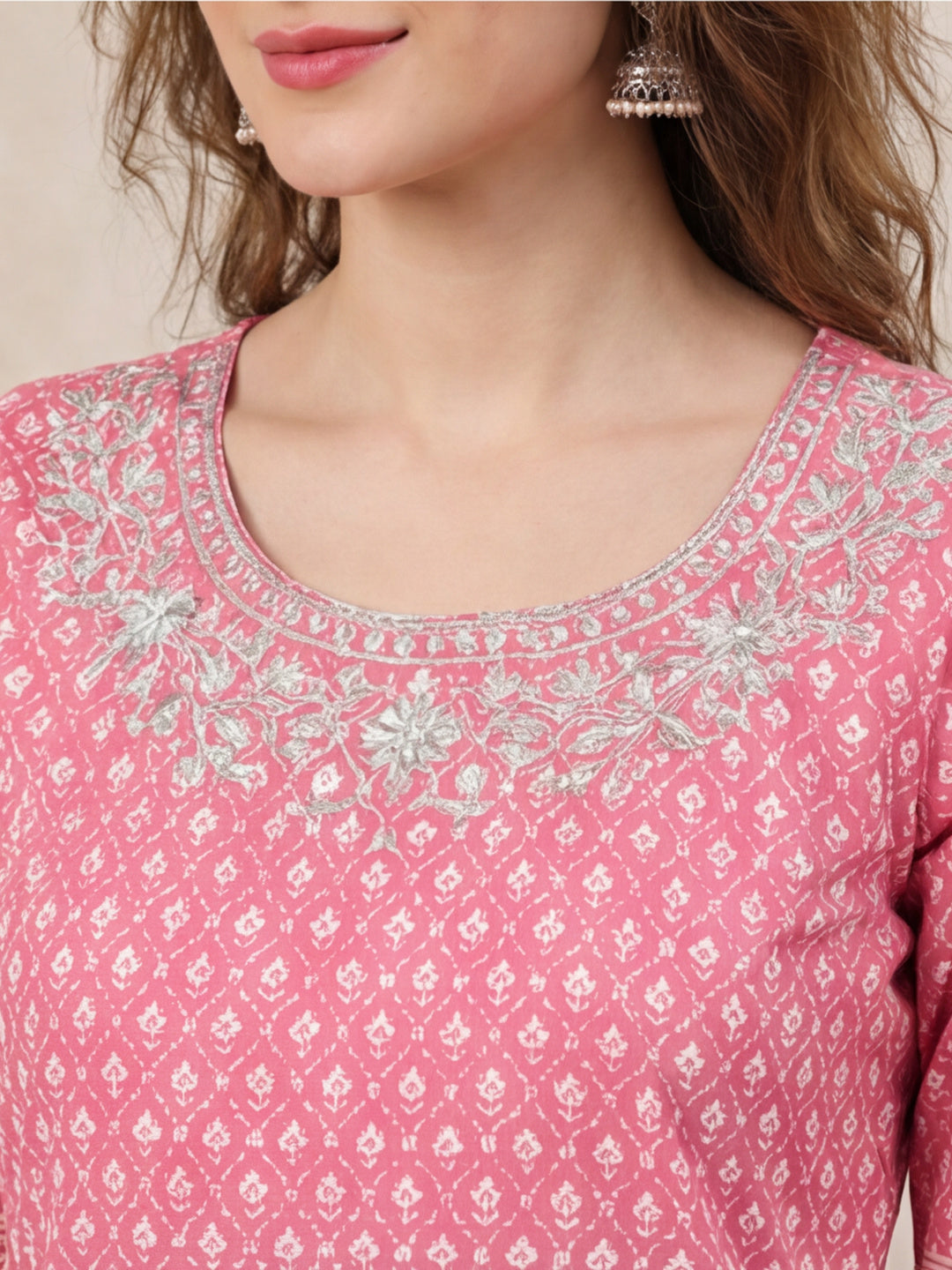 Women Pink Printed Anarkali with Embroidered Yoke
