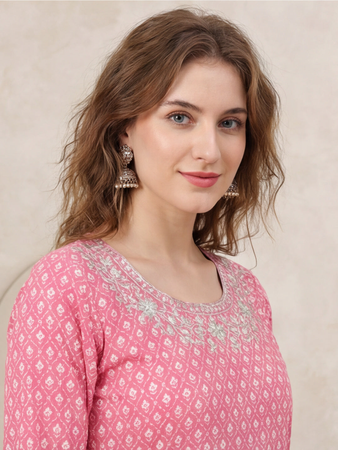 Women Pink Printed Anarkali with Embroidered Yoke