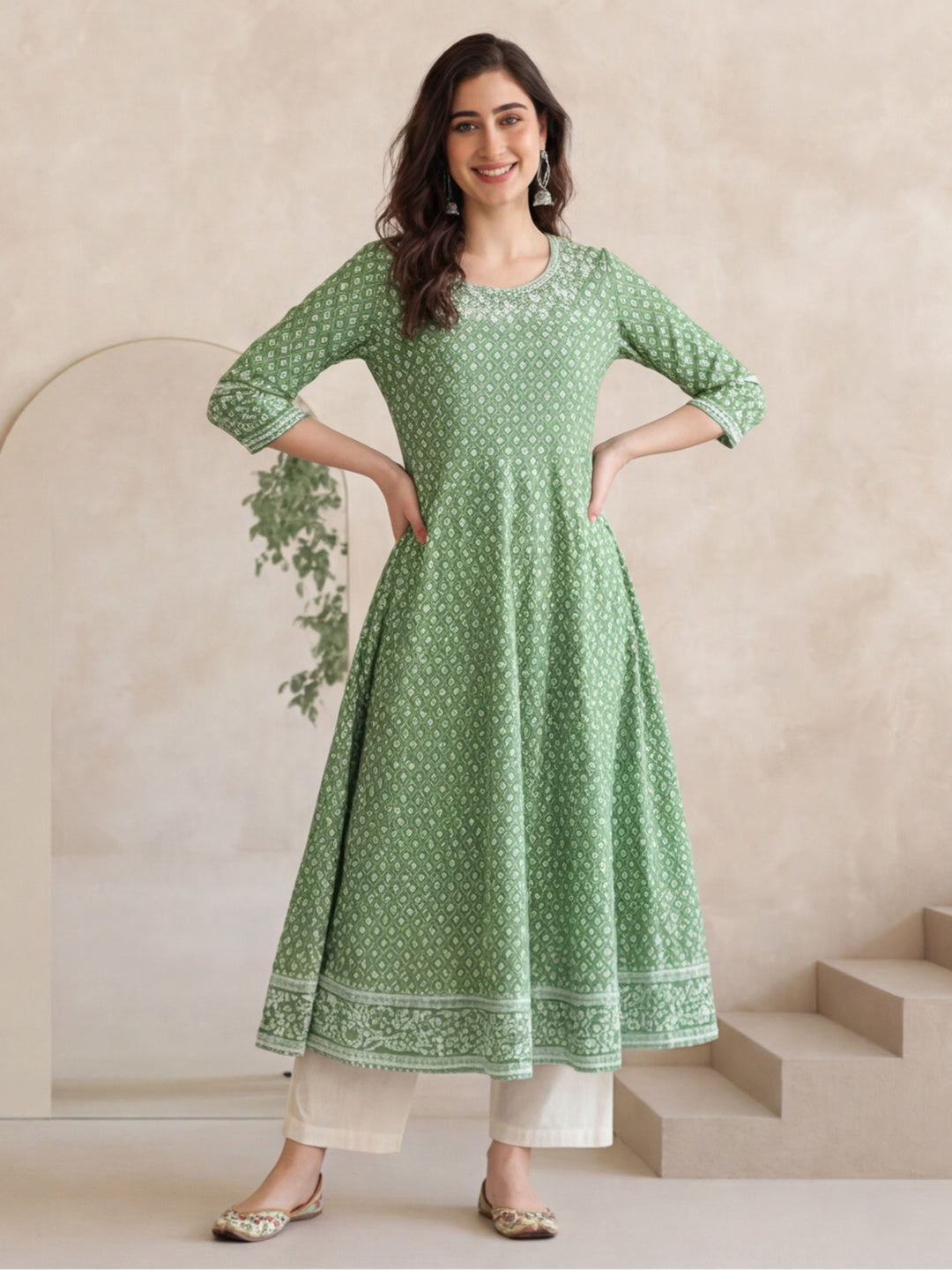Women Green Printed Anarkali with Embroidered Yoke
