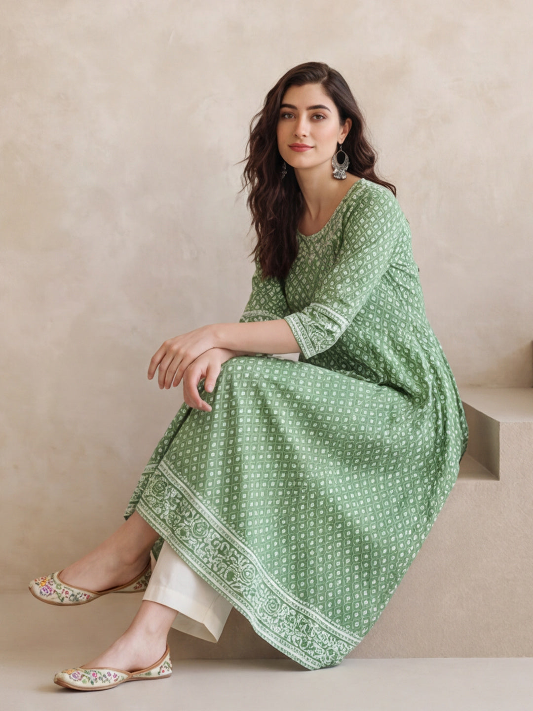 Women Green Printed Anarkali with Embroidered Yoke