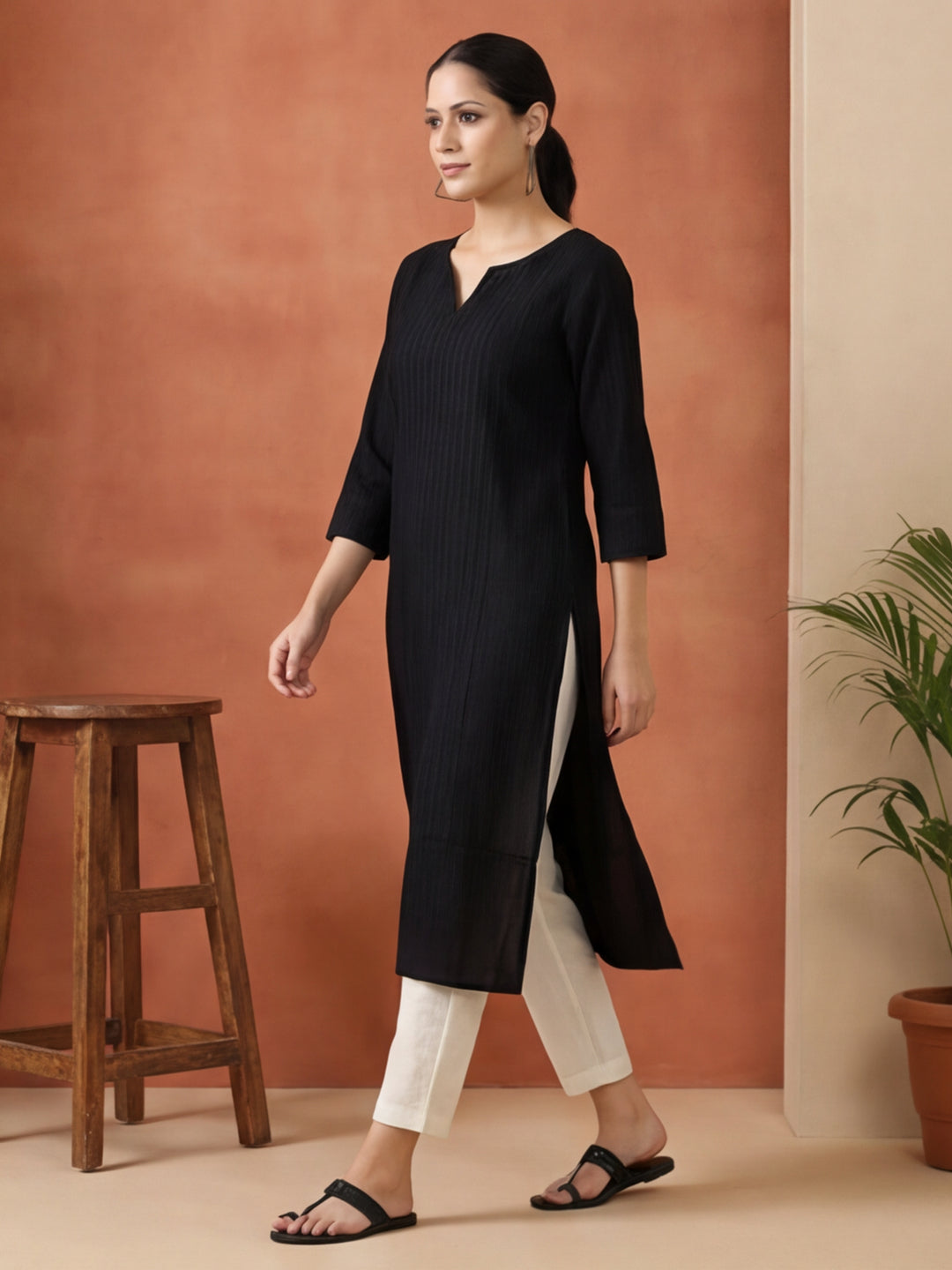 Woven Design Embroidered Straight Pure Cotton Kurta