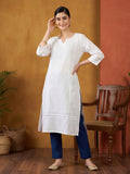 Women White Cotton Pin Tucks Straight Kurta