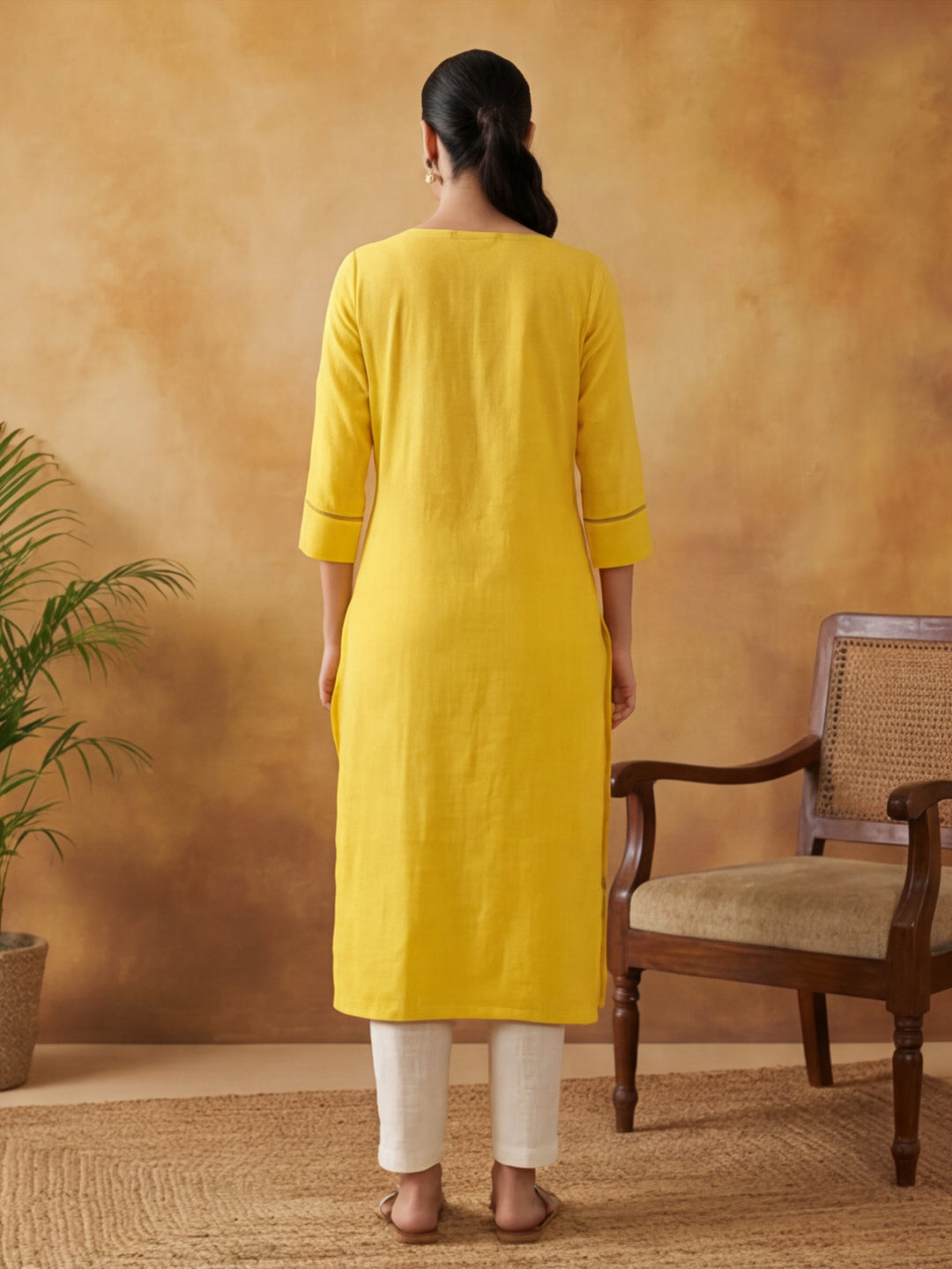Woven Design Embroidered Straight Pure Cotton Kurta