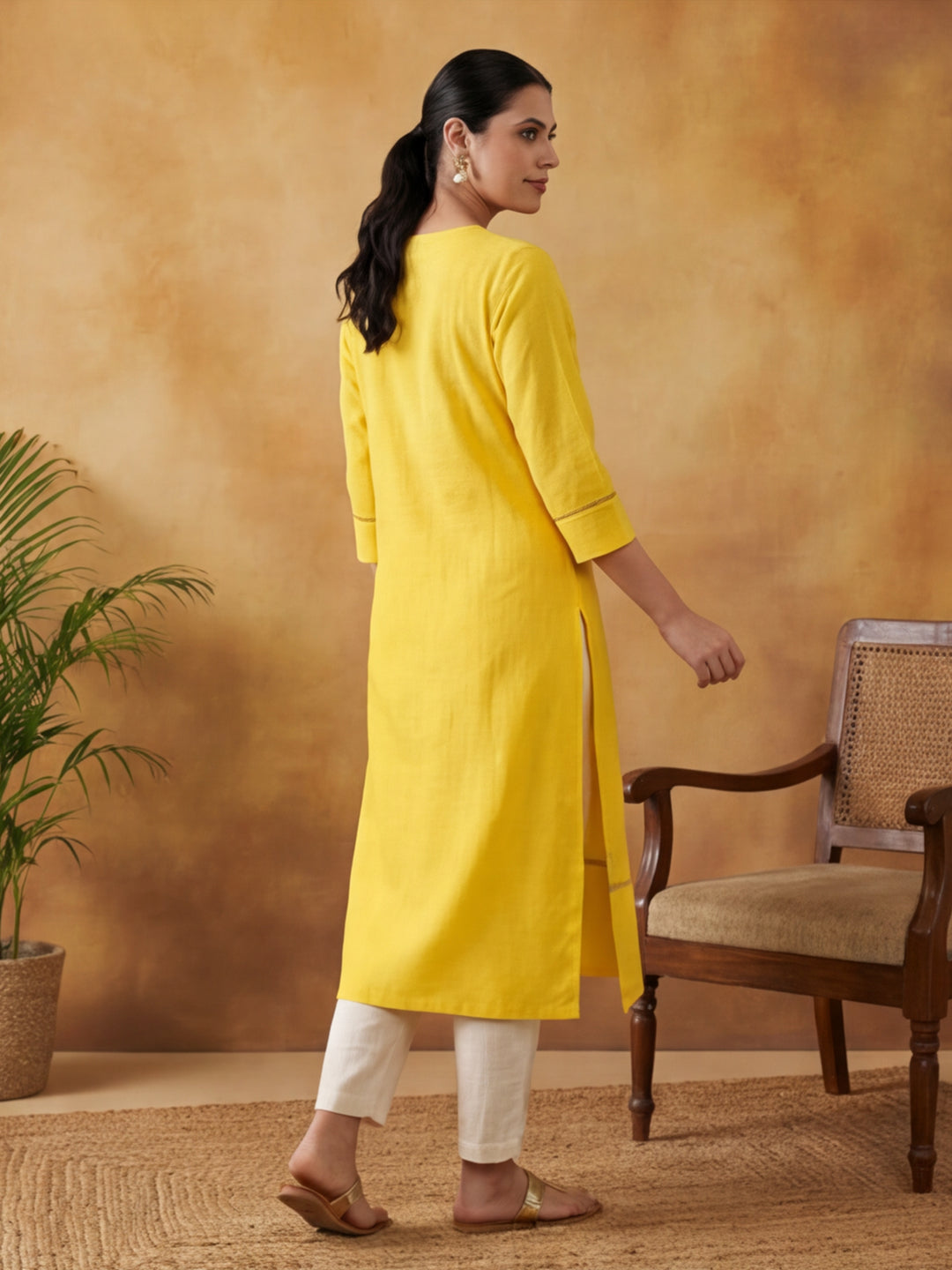 Woven Design Embroidered Straight Pure Cotton Kurta