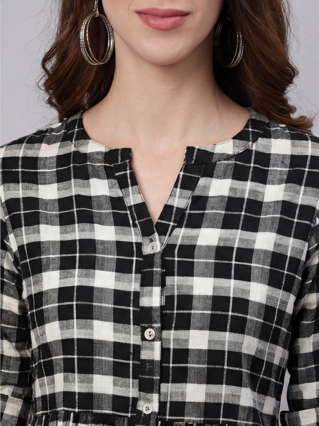 Checked Cotton Shirt With Gathered Detail