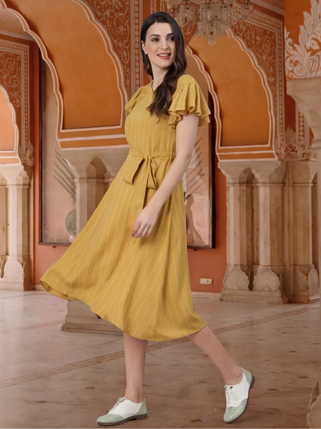 Yellow Self Weave Rayon Flared Dress With Belt