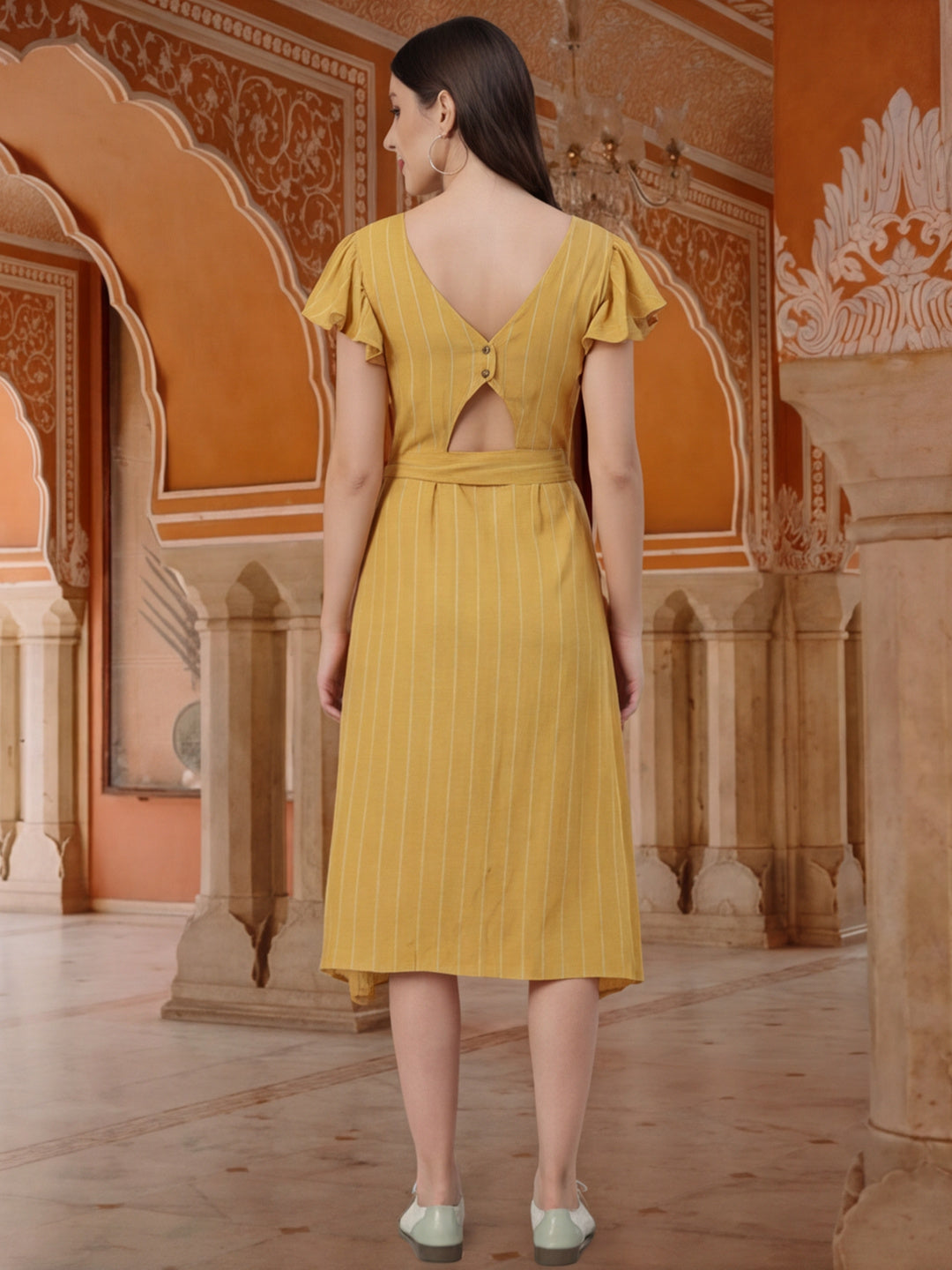 Yellow Self Weave Rayon Flared Dress With Belt