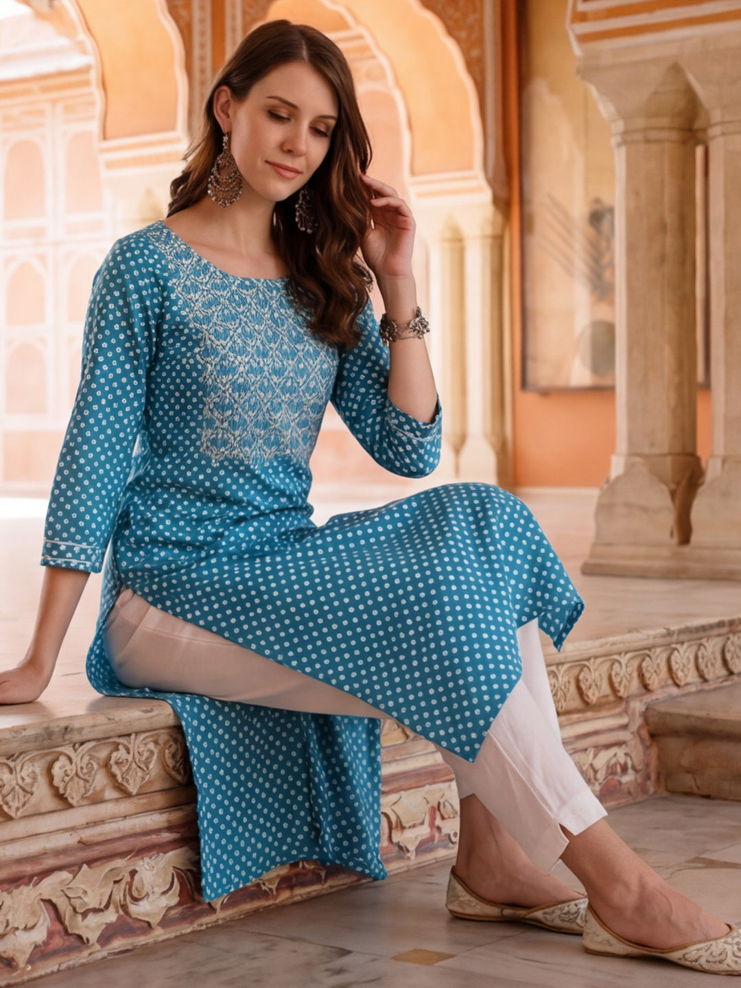 Turquoise blue ethnic printed straight kurta with embroidered yoke