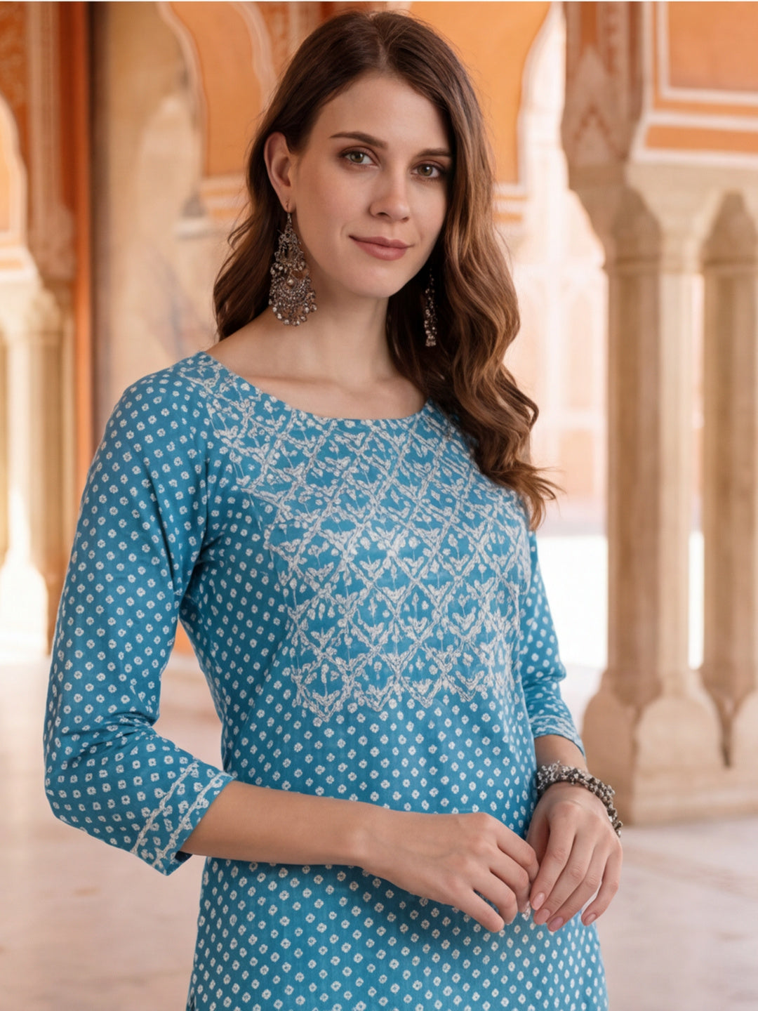 Turquoise blue ethnic printed straight kurta with embroidered yoke