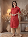 A Red Silk Fabric Embellished Shirt With Roll-Up Elbow Sleeves