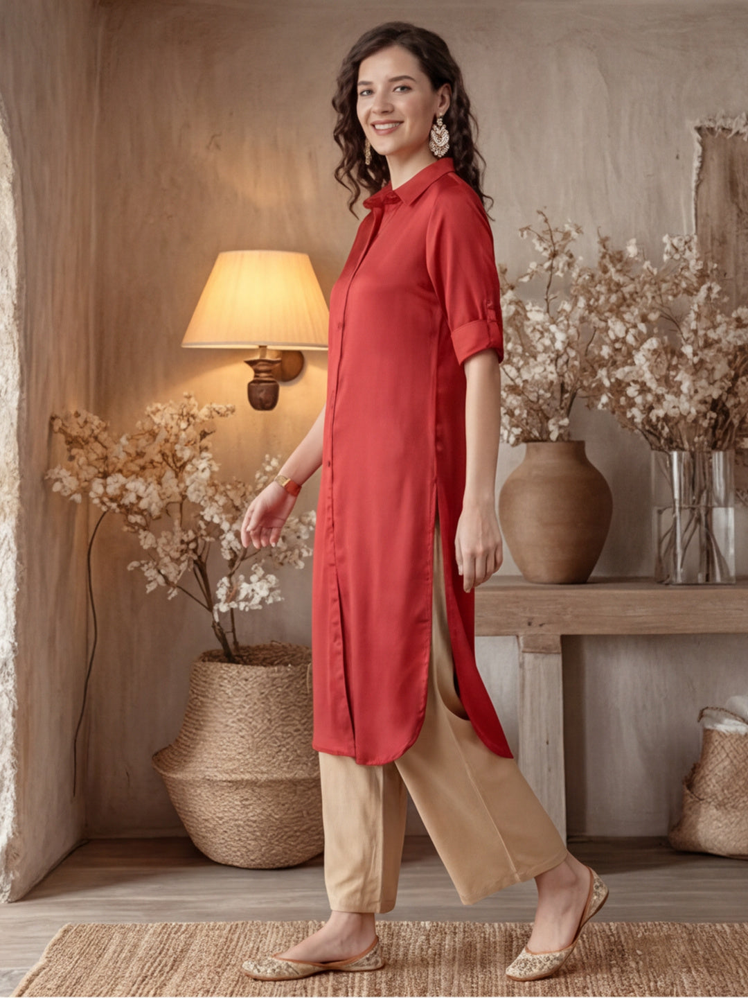 A Red Silk Fabric Embellished Shirt With Roll-Up Elbow Sleeves