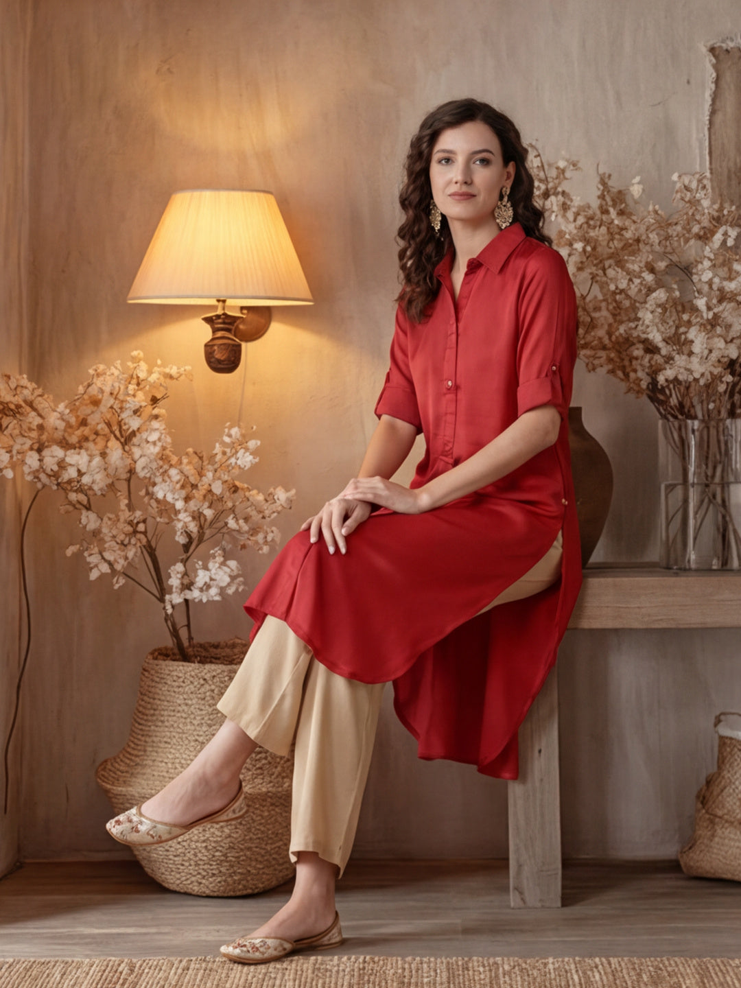 A Red Silk Fabric Embellished Shirt With Roll-Up Elbow Sleeves