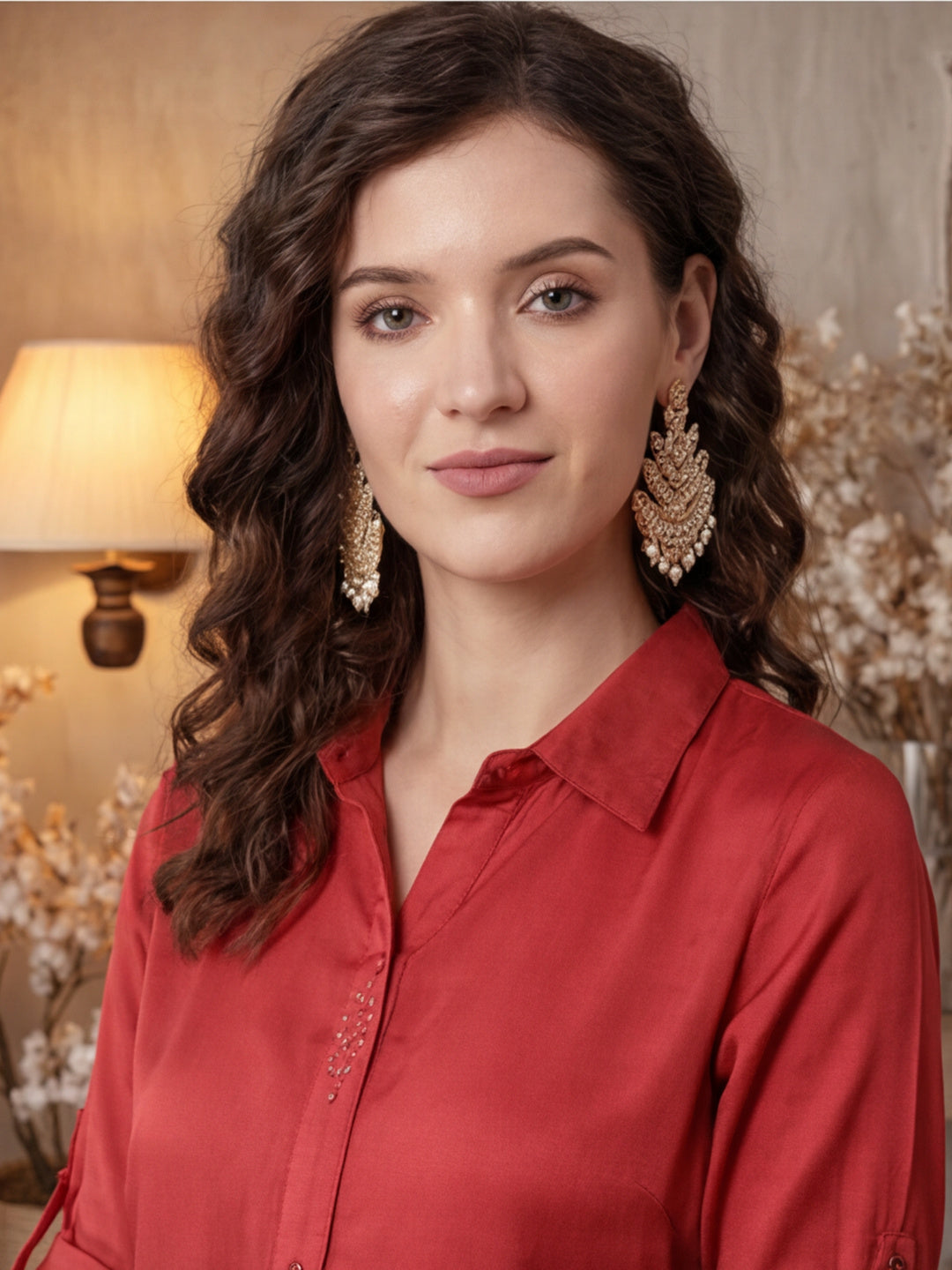 A Red Silk Fabric Embellished Shirt With Roll-Up Elbow Sleeves