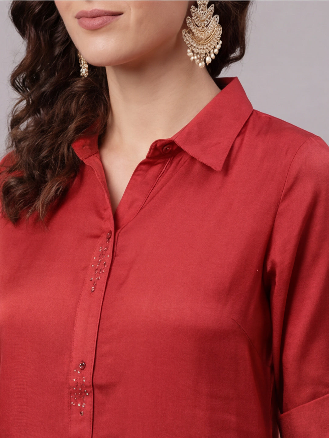 A Red Silk Fabric Embellished Shirt With Roll-Up Elbow Sleeves