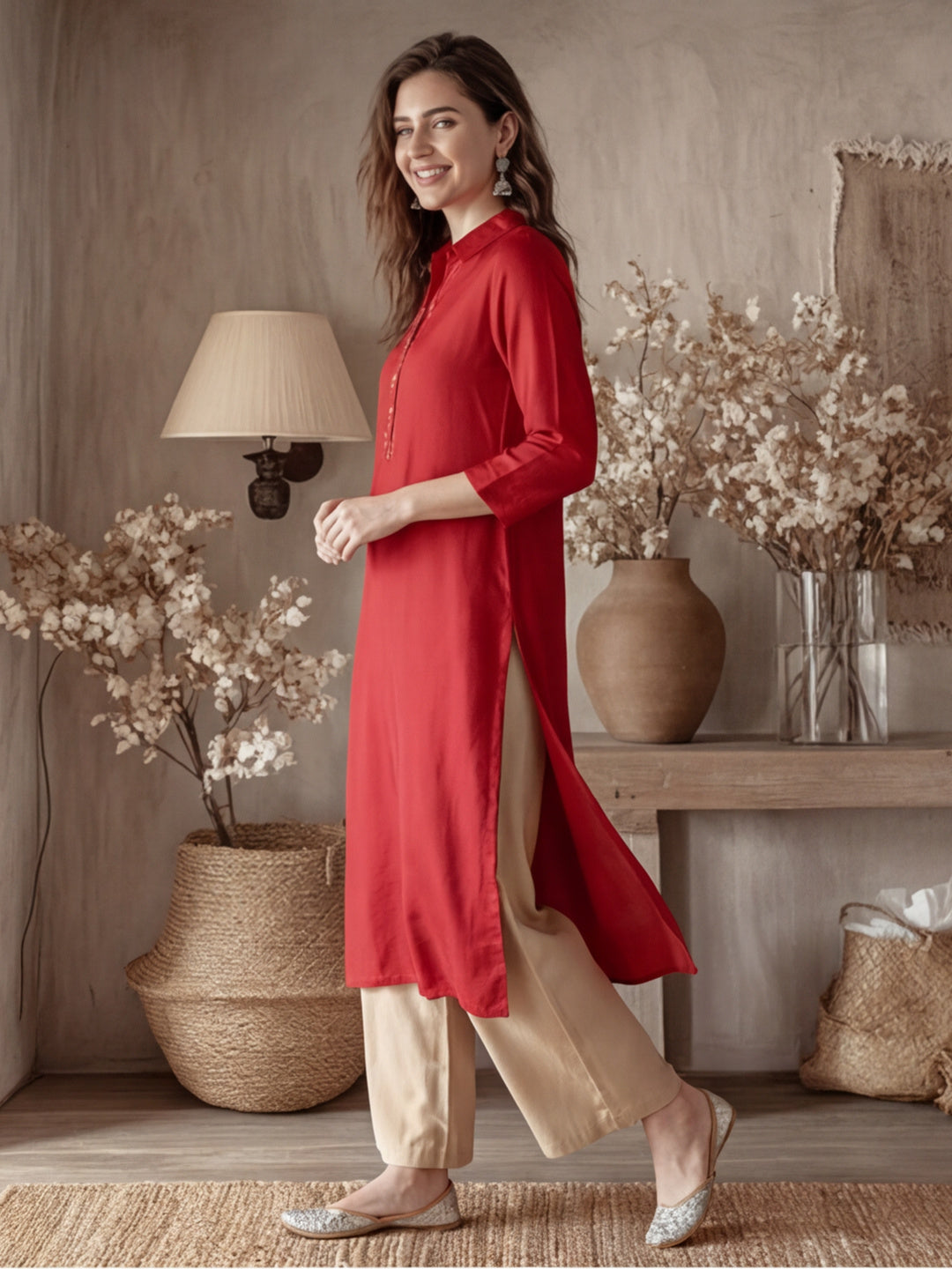 A Rust Silk Fabric Embellished Shirt With Roll-Up Elbow Sleeves