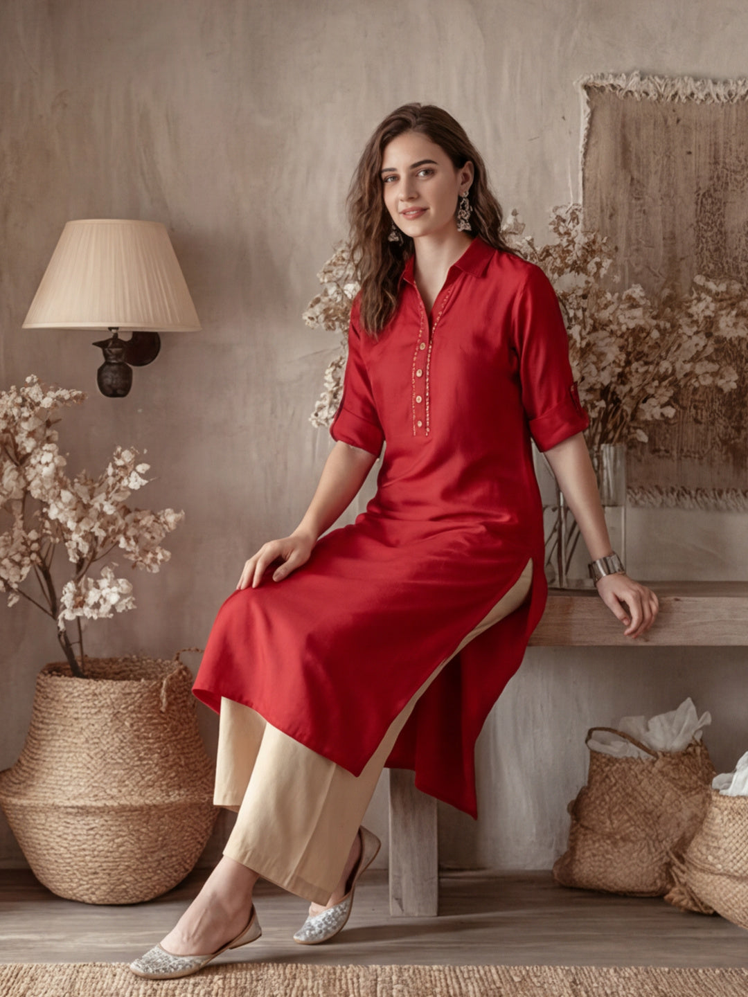 A Rust Silk Fabric Embellished Shirt With Roll-Up Elbow Sleeves