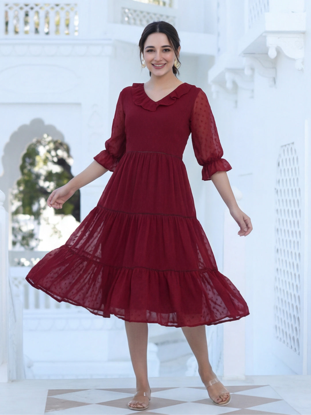 Red Color Polka Self Weave Georgette Tiered Lace Inserted Dress
