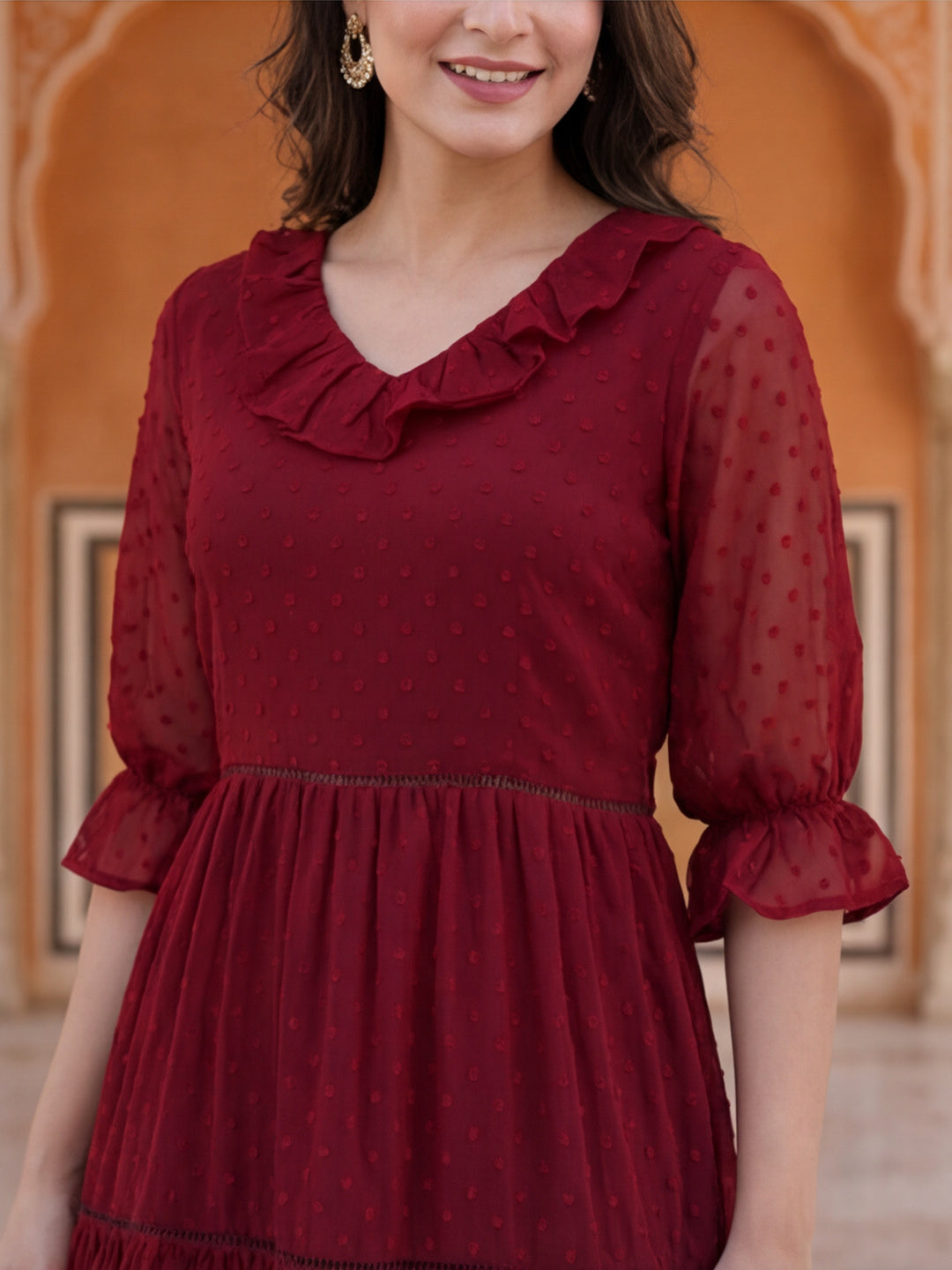 Red Color Polka Self Weave Georgette Tiered Lace Inserted Dress