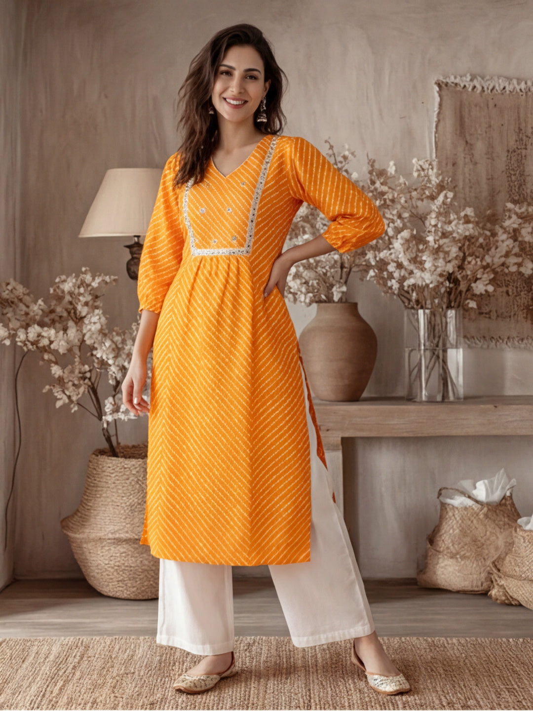 Zardozi Embroidered Orange Mothra Printed Straight Kurta