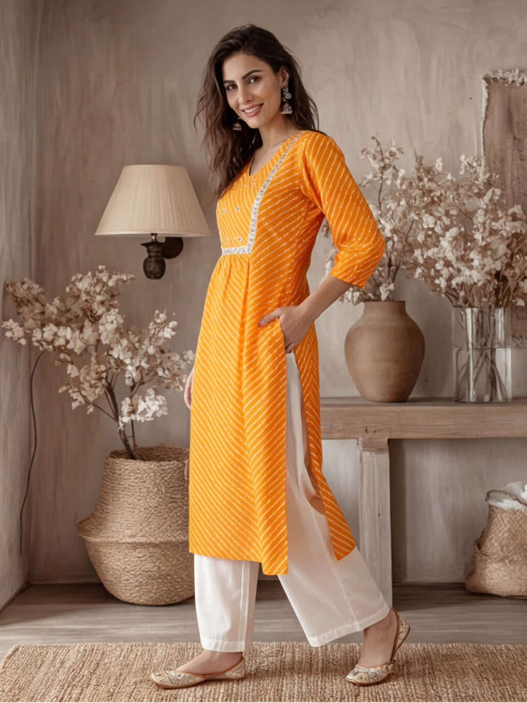 Zardozi Embroidered Orange Mothra Printed Straight Kurta
