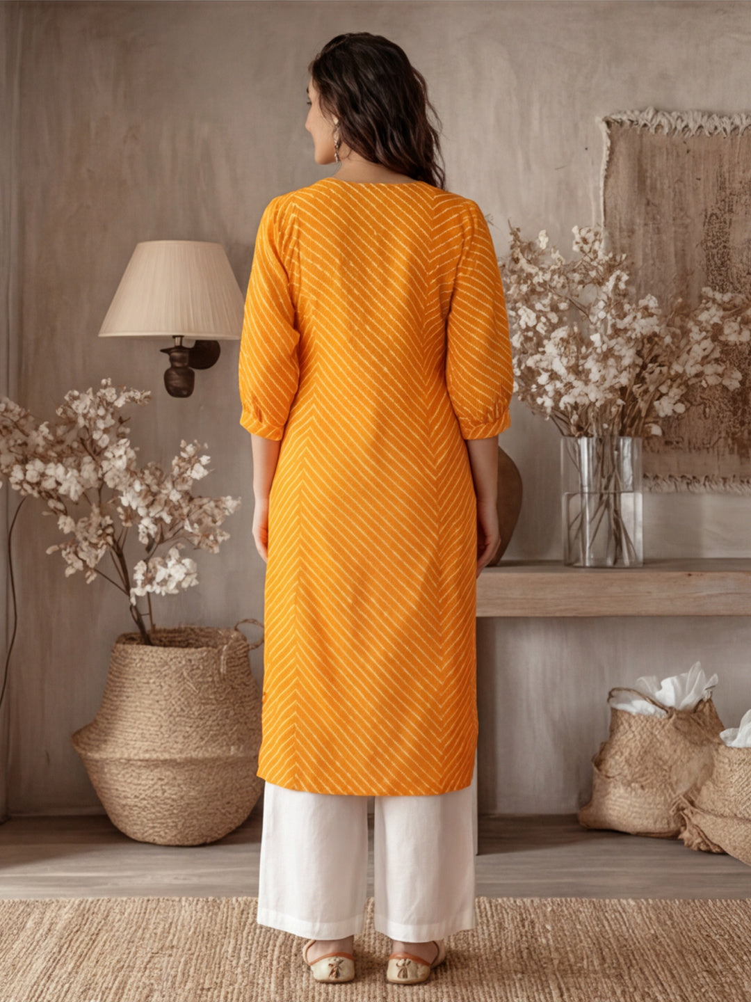 Zardozi Embroidered Orange Mothra Printed Straight Kurta