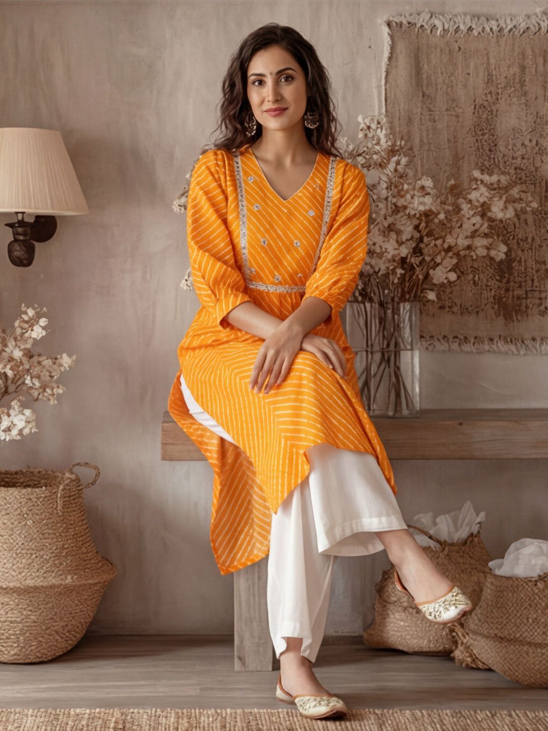 Zardozi Embroidered Orange Mothra Printed Straight Kurta