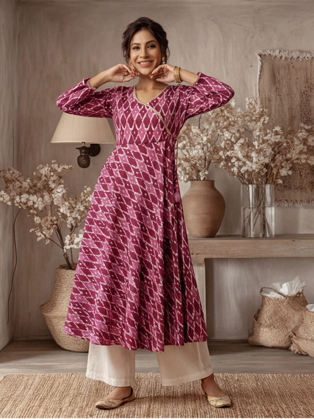Purple Ikat Printed Angrakha Kurta